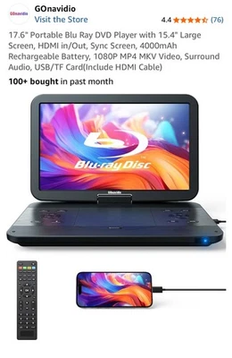 17.6" Portable Blu Ray DVD Player with 15.4" Large Screen, HDMI in/Out, Sync Scr - Image 1 of 4