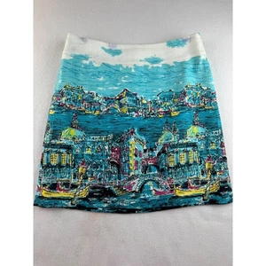 Talbots Petites Skirt Venice Print Teal Blue A Line Colorful Italy 6P - Picture 1 of 10