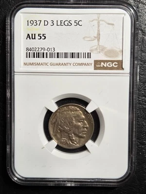 Hermoso y Raro 1937 D Tres Patas Búfalo Níquel, Clasificado NGC AU 55 Foto 1 de 2