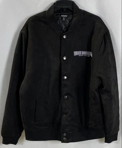 True Religion Black Faux Suede Snap Front Bomber Jacket Quilted Lined Men's L - Picture 1 of 6