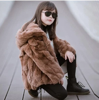 Lindo Abrigo de Piel de Conejo Niños Pequeños Niños Niñas Rex Piel de Conejo Cálido Prendas exteriores con Capucha Foto 1 de 4