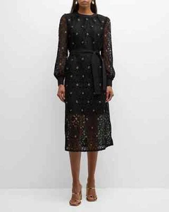 Misook Black Long Sleeve Grommet Lace Midi Dress Size Large $478 *Less Belt* - Picture 1 of 4