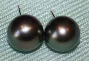 REAL  Black Tahitian Pearl Earrings with 14kt posts 11mm Natural Tahitian Pearls - Picture 1 of 12