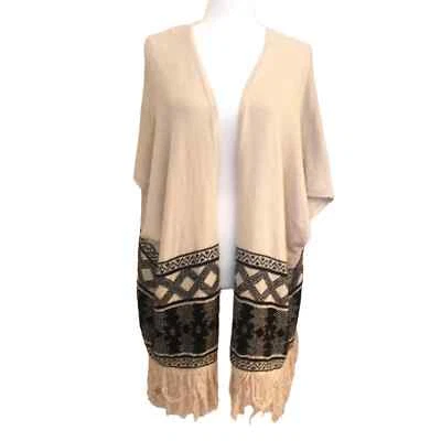 American Rag Medium Open Front Cardigan Cream Black Fringe Boho Southwest - Image 1 of 4