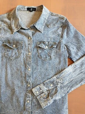 Cello Jeans Juniors Womens Shirt Stripe Denim Pearl Snaps Railroad Western Yoke  - Image 1 of 4
