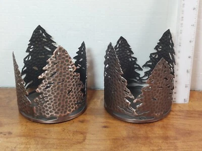 Pair of Bath & Body Works Bronze Metal Cutout 4" Candle Holder Evergreen Trees - Image 1 of 4