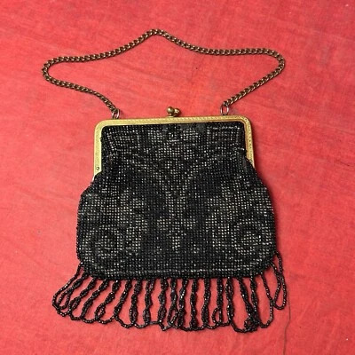 Antique Art Deco Nouveau Micro Bead 1920s Flapper Purse Black with Metal Frame - Image 1 of 4
