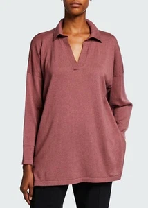 NWT Eskandar DARK ROSE Cashmere Silk Crossover V-Neck Classic Collar Sweater OS - Picture 1 of 5