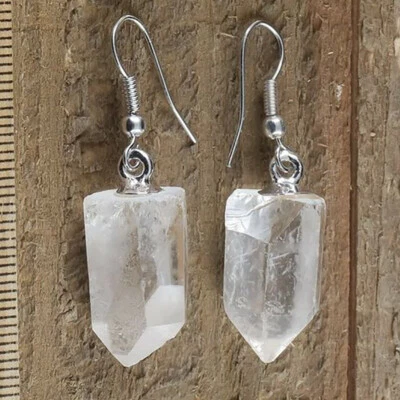 Pendientes de cuarzo punta de cristal natural crudo plata colgante gancho Reiki Heal Foto 1 de 4