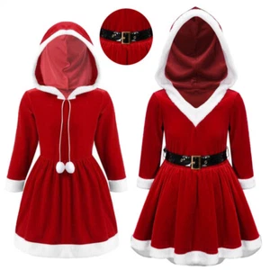 Kids Girls Christmas Costume Hooded Velvet Red Dress Pompom Santa Princess Gowns - Picture 1 of 30