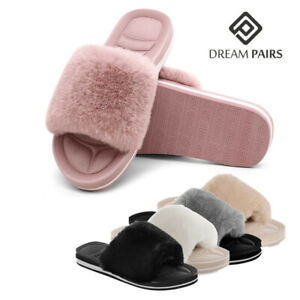 DREAM PAIRS Women Open Toe Casual Slippers Fluffy Fur Comfort Slip On Shoes