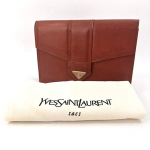 YVES SAINT LAURENT Brown Clutch Bag Second Leather YSL Vintage Authentic #641 - Picture 1 of 17