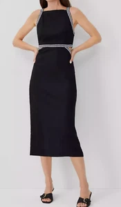 NUEVO VESTIDO MIDI HALTER ALGODÓN LINO RIBETE BORDADO NEGRO ANN TAYLOR TALLA 10 - Imagen 1 de 6