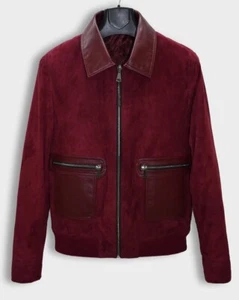Men's Red Burgundy Premium Real Suede Genuine Leather Bomber Jacket - Picture 1 of 5