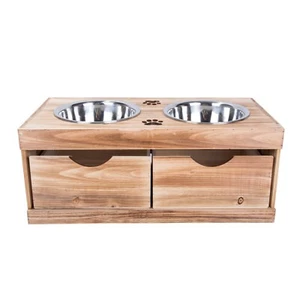 Dog Food Feeding Stand Station Stainless Double Raised Bowls Wooden Crate - Picture 1 of 5