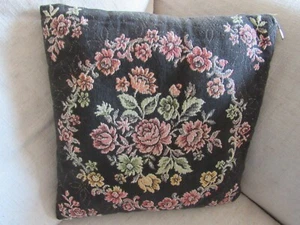 VINTAGE PINK GREEN GOLD FLORAL ON BROWN TAPESTRY PILLOW 12"X12" ZIPPER EMBROIDER - Picture 1 of 7
