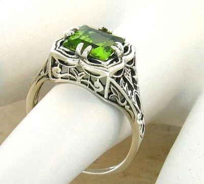 GENUINE 1.50 CARAT PERIDOT 925 STERLING SILVER DECO ANTIQUE STYLE RING      #716 - Image 1 of 4