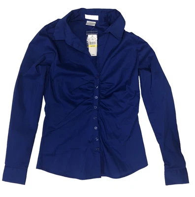 NUEVO CON ETIQUETAS Blusa Van Huesen Elastizada Para Mujer XS Acanalada Abotonada Cuello en V Azul Foto 1 de 4