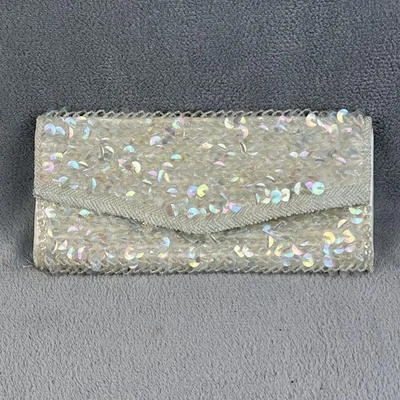 Bolso sin asas vintage La Regale plateado azul lentejuelas sobre plegable cartera boda Foto 1 de 4