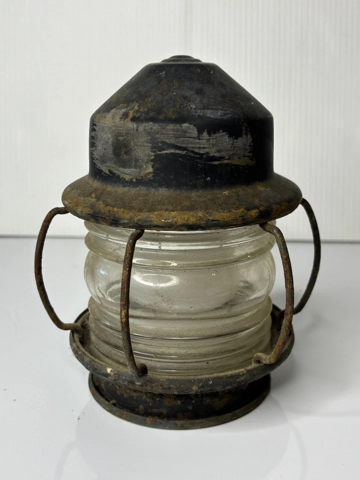 Antique 1900s Metal Caged Sea Ship Light Lantern Glass Globe 7” Nautical Salvage - Image 1 of 4