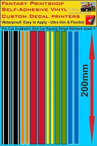 SCALEXTRIC  SLOT CAR DECALS TRANSFERS Pre Cut STICKERS RACING STRIPES sheet 1  - Picture 1 of 7