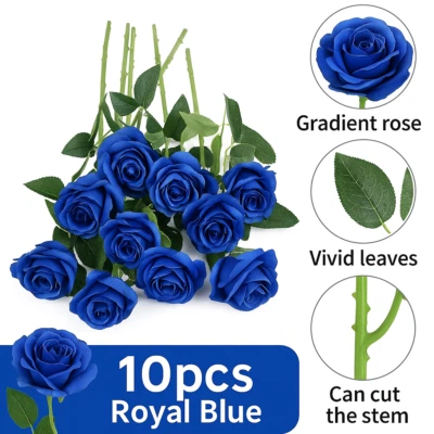10 rosas de seda artificiales azules reales flores de tallo largo para decoración de bodas hágalo usted mismo Foto 1 de 4