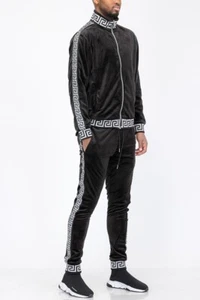 Mens Track Set Velour Greek Pattern Soft Fabric Party Dancing Stretch Flex LUX - Picture 1 of 10