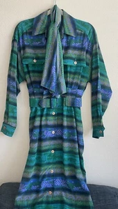 Vintage Silk Dress Set Belt Scarf Gillian Brand Green Blue Size 4 - Picture 1 of 7