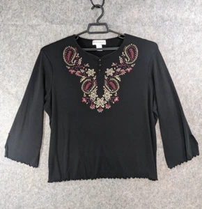 Dressbarn Top Womens 2X Black Stretch Knit Pullover Embroidered Neck 3/4 Sleeve - Picture 1 of 12