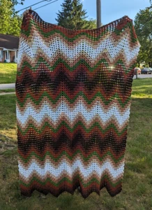 Vintage Handmade Granny Crochet Throw Blanket Brown Orange Green 1970s Chevron - Picture 1 of 3