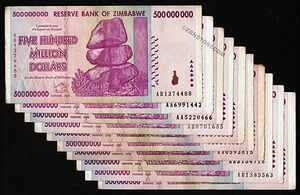 10 x 500 Million Zimbabwe Dollars Banknotes 2008 Paper Money COA Authentic 10PCS - Picture 1 of 3