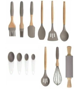 Sabichi Kitchen Utensil Set Wooden Handle Silicon Non-Stick Cookware Tools - Picture 1 of 11