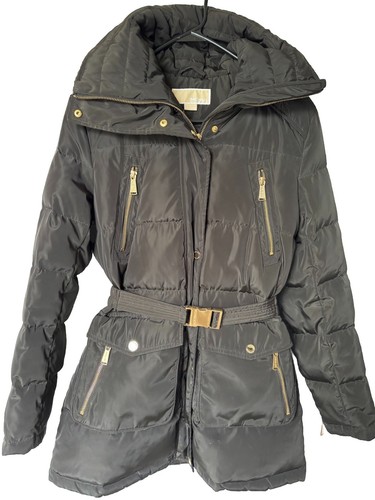 Michael Kors Puffer Jacket donna piccolo verde pelliccia sintetica cappuccio cintura nylon