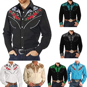Mens Casual Buttons Down Western Cowboy Shirt Long Sleeve Retro Printed Shirts - Picture 1 of 20