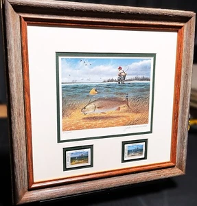 John Dearman 1990 Texas Saltwater Fishing Stamp Print With 2 Stamps - New Frame - Picture 1 of 12