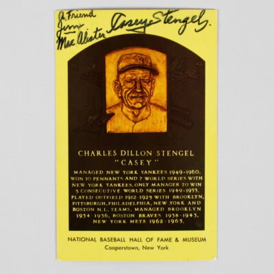 Casey Stengel double Signed Yellow Hall Of Fame Plaque Postcard HOF COA JSA - Image 1 of 3