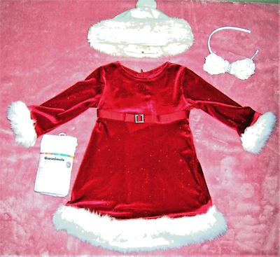 ❤NEW❤4 PCS OUTFIT❤ 18M ❤RED VELVET❤WHITE FUR❤PARTY DRESS❤HEADBAND BOW❤HAT❤TIGHTS - Image 1 of 3