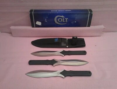 Raro Colt Triple Lanzador Grado Profesional 3 Cuchillos Juego con Caja y Funda! Foto 1 de 4