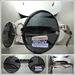 Men's CLASSIC RETRO Style SUN GLASSES Round Silver & Wood Wooden Frame Dark Lens - Picture 1 of 8