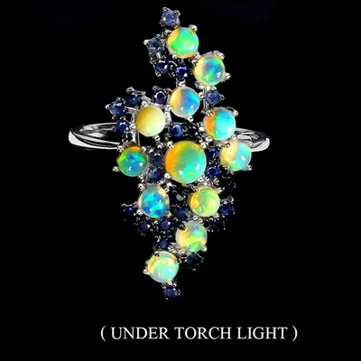 Anillo de plata de ley 925 redondo ópalo de fuego 4 mm zafiro piedras preciosas joyería tamaño 8 Foto 1 de 4