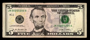 $5 2009 FRN RADAR SERIAL NUMBER 00255200 CHEAP FANCY # VF - Picture 1 of 2