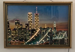 VTG TWIN TOWERS New York City XLarge Light Electric Picture Lamp Brooklyn Bridge - Picture 1 of 7