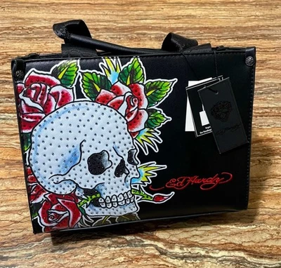 ED Hardy Bag Black Tote Bag Bling Skull and Roses Logo Handbag Crossbody Purse - Image 1 of 4