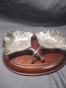 Silberfarbene Ginko Doppel Schmuck Tablett Schale 6,75" Ende 20. Jahrhundert Stil  - Bild 1 von 11