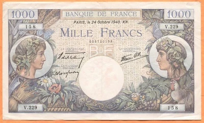 France 1940s 5, 10, 20, 50, 100, 500 & 1000 Francs Nice Circulated Examples - Image 1 of 4