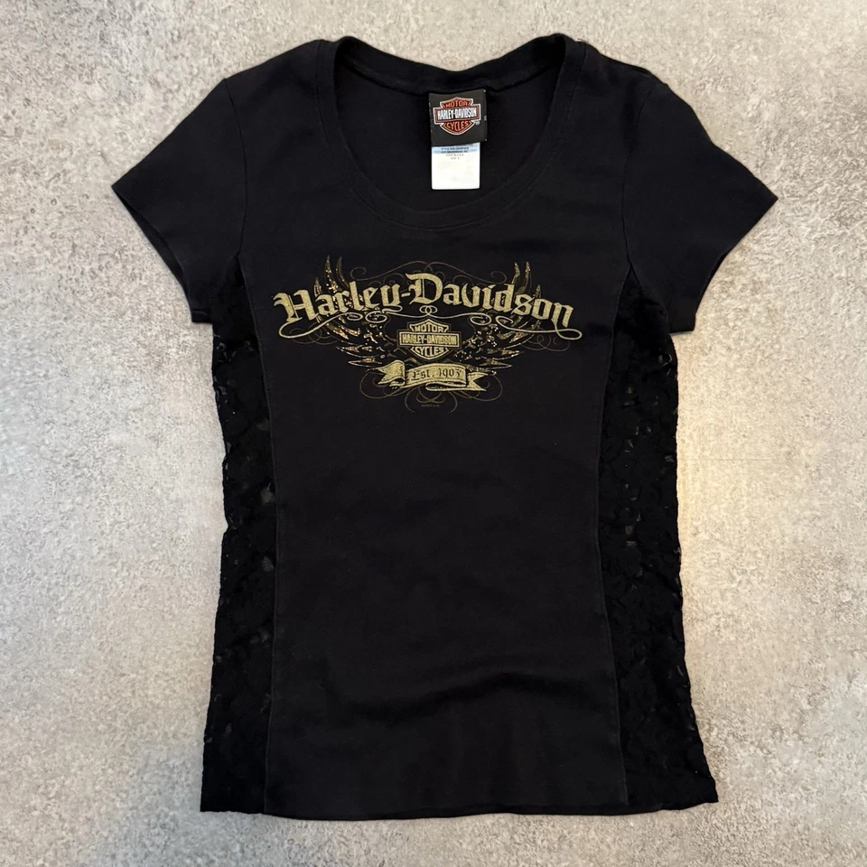 Camiseta De Colección Y2K Harley Davidson Bebé Para Mujer Pequeña Encaje Boho Grunge Motociclista Foto 1 de 4