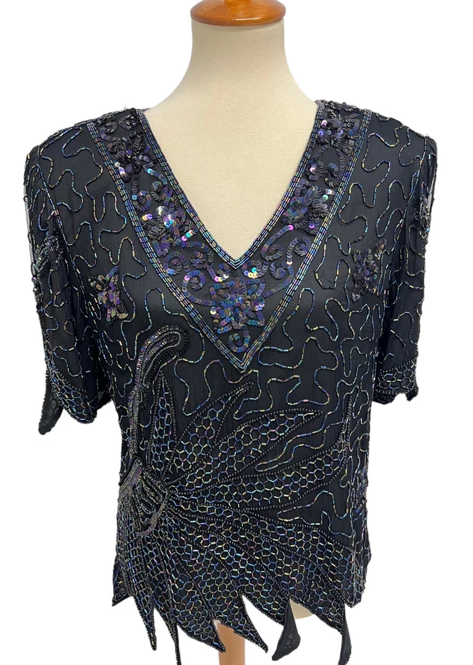 Vintage Mark & John By Gopal Mujer Noche Cuentas Negro Top Manga Corta Talla L Foto 1 de 4