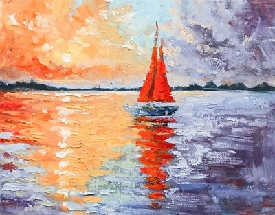 Pintura al óleo original IMPRESIONISMO Puesta de sol Barco Lago Vida marina Bellas artes 8x10 Foto 1 de 4