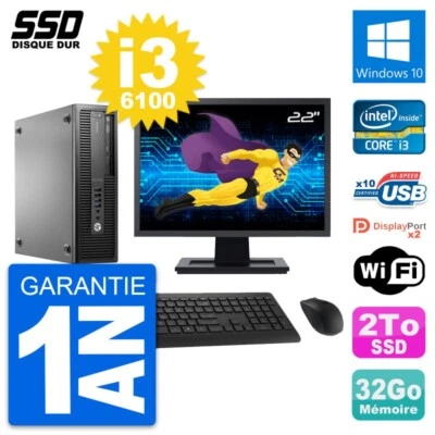 PC HP EliteDesk 800 G2 SFF Ecran 22" i3-6100 RAM 32Go SSD 2To Windows 10 Wifi - Photo 1/4