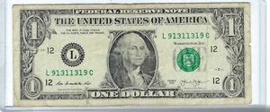 Fancy One 1 dollar bill 2013 TRINARY Mirror Palindrome Radar Serial # L91311319C - Picture 1 of 3